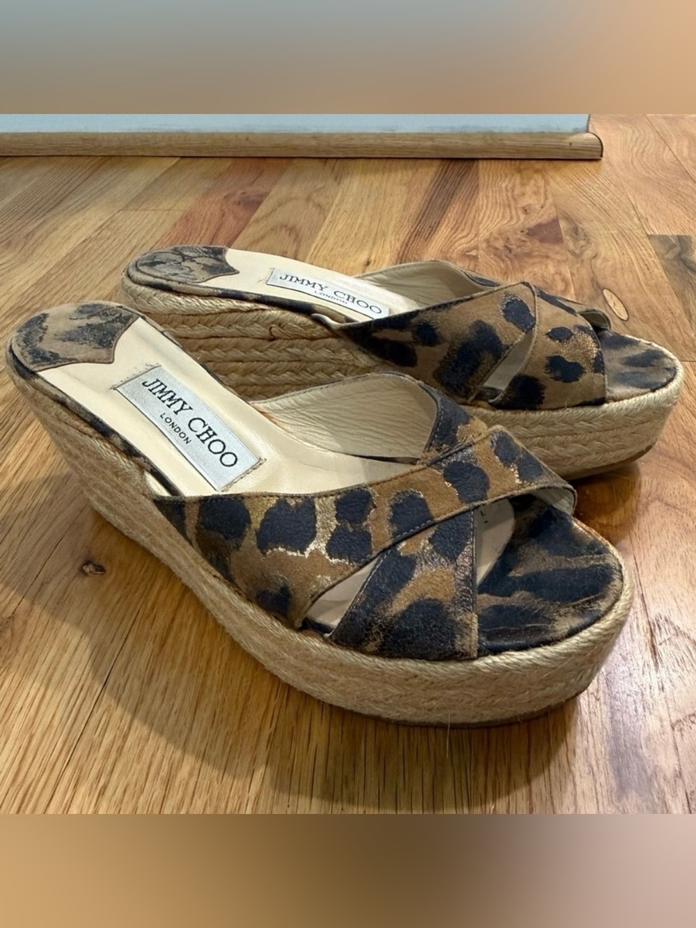 Jimmy Choo Dovina Leopard Suede Espadrille Platform Wedge Slides Sandals Size 36